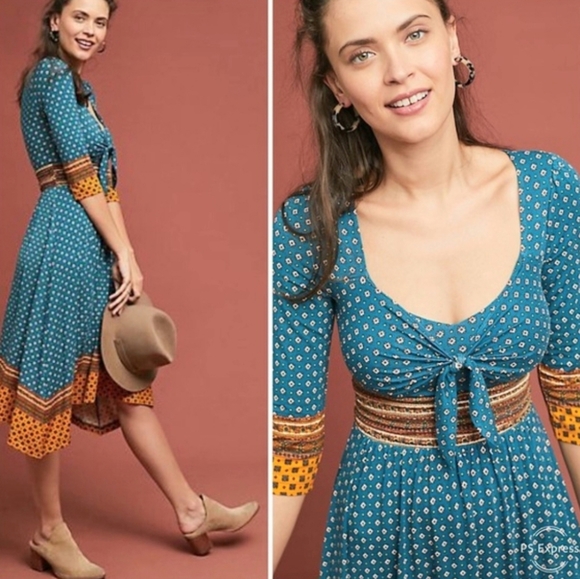 Anthropologie Dresses & Skirts - Anthropologie Maeve Beloved Tie Front Midi Dress Teal/Mustard Yellow Sz:Small